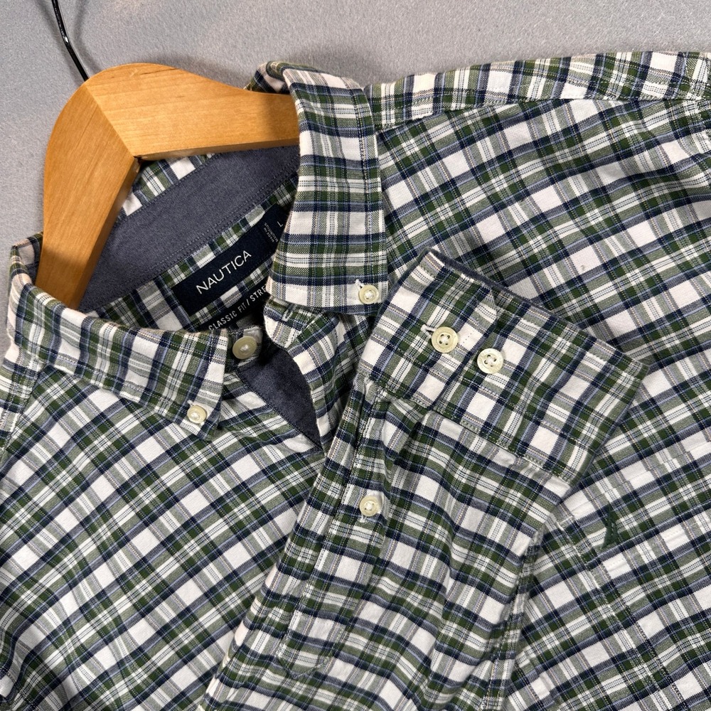 Nautica Mens Large Classic Fit Stretch Plaid Button Down Green Navy